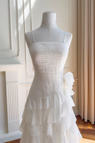 Statement Pleated Strapless Corset Long Dress with Dramatic Ruffles & Floral Detail