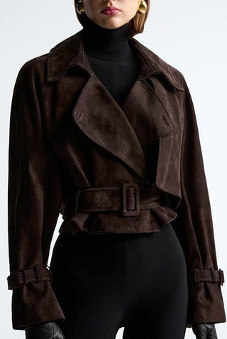 Cropped Faux Suede Jacket with Belt & Cuff Buckles