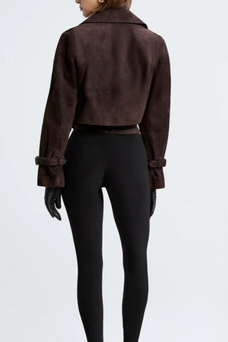 Cropped Faux Suede Jacket with Belt & Cuff Buckles
