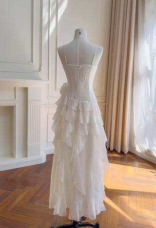 Statement Pleated Strapless Corset Long Dress with Dramatic Ruffles & Floral Detail