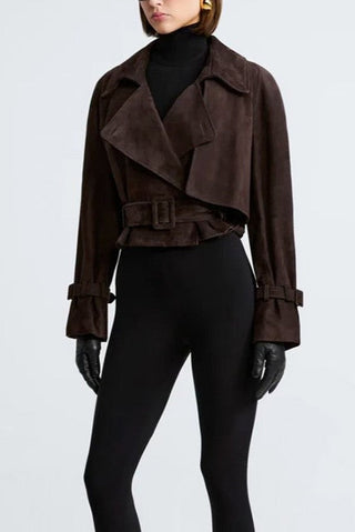 Cropped Faux Suede Jacket with Belt & Cuff Buckles