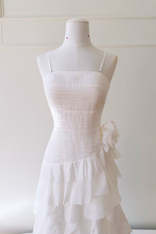 Statement Pleated Strapless Corset Long Dress with Dramatic Ruffles & Floral Detail