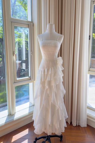 Statement Pleated Strapless Corset Long Dress with Dramatic Ruffles & Floral Detail