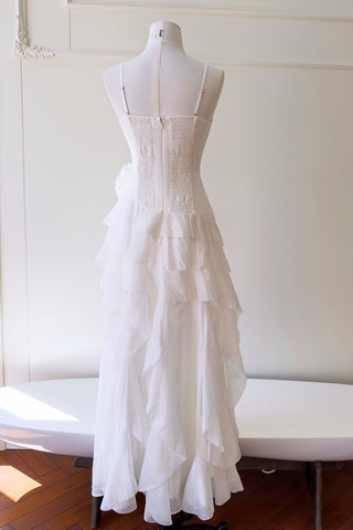 Statement Pleated Strapless Corset Long Dress with Dramatic Ruffles & Floral Detail