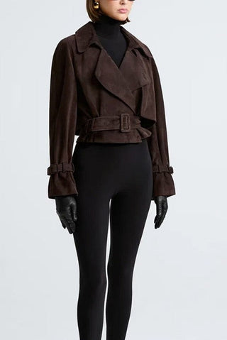 Cropped Faux Suede Jacket with Belt & Cuff Buckles