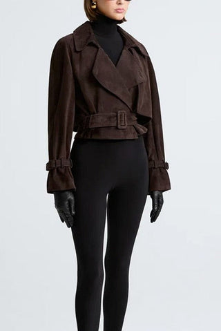 Cropped Faux Suede Jacket with Belt & Cuff Buckles