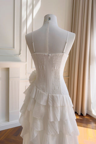 Statement Pleated Strapless Corset Long Dress with Dramatic Ruffles & Floral Detail