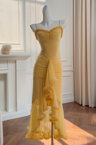 Elegant Sleeveless Long Mesh Dress with Ruffled Details