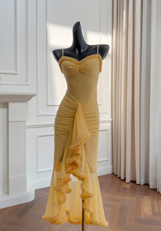 Elegant Sleeveless Long Mesh Dress with Ruffled Details