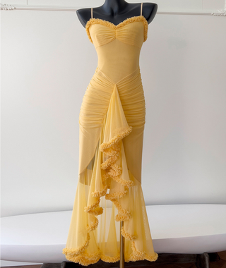 Elegant Sleeveless Long Mesh Dress with Ruffled Details