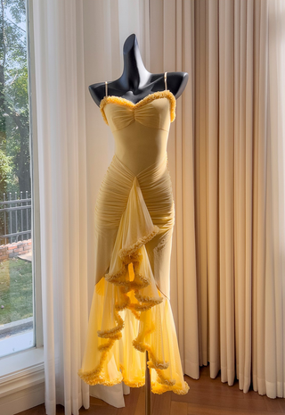 Elegant Sleeveless Long Mesh Dress with Ruffled Details