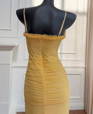 Elegant Sleeveless Long Mesh Dress with Ruffled Details