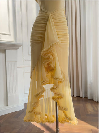 Elegant Sleeveless Long Mesh Dress with Ruffled Details