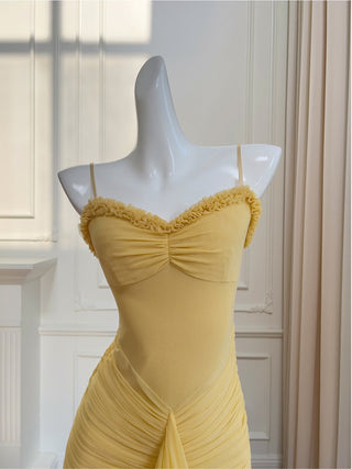 Elegant Sleeveless Long Mesh Dress with Ruffled Details