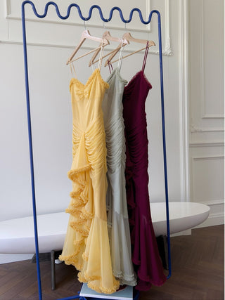 Elegant Sleeveless Long Mesh Dress with Ruffled Details