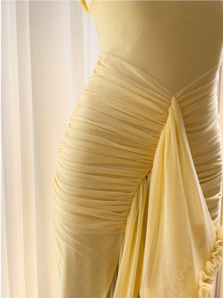 Elegant Sleeveless Long Mesh Dress with Ruffled Details