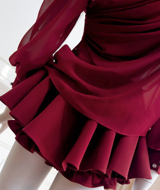 Elegant Long-Sleeve Oblique Shoulder Sheer Top and Skort Set