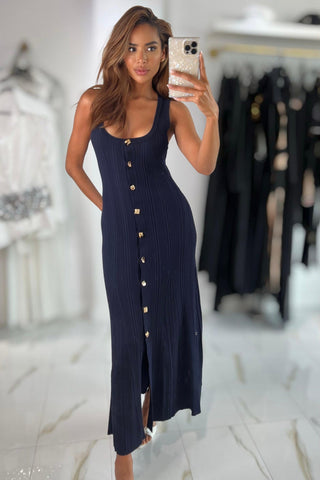 Elegant Navy U-Neck Sleeveless Ribbed Knit Long Dress with Gold Button Front & Flared Hem