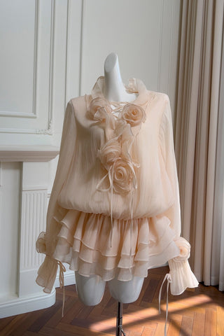 Rosette Ruffle Long Sleeve Layered Chiffon Mini Dress