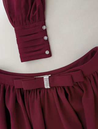 Elegant Long-Sleeve Oblique Shoulder Sheer Top and Skort Set