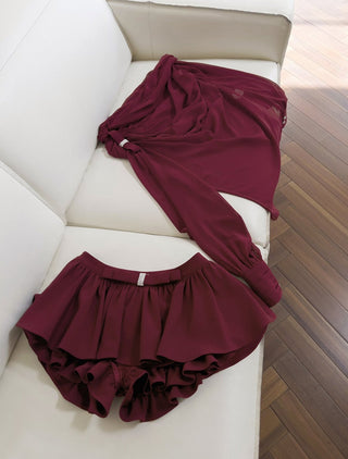 Elegant Long-Sleeve Oblique Shoulder Sheer Top and Skort Set