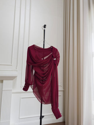 Elegant Long-Sleeve Oblique Shoulder Sheer Top and Skort Set