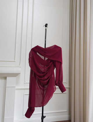 Elegant Long-Sleeve Oblique Shoulder Sheer Top and Skort Set