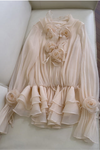 Rosette Ruffle Long Sleeve Layered Chiffon Mini Dress