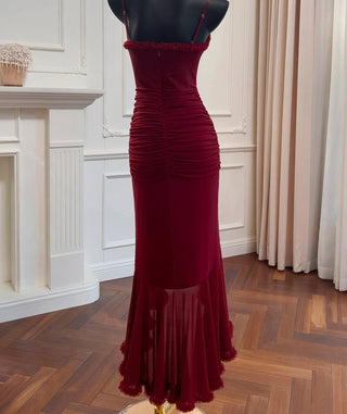 Elegant Sleeveless Long Mesh Dress with Ruffled Details