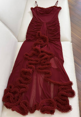 Elegant Sleeveless Long Mesh Dress with Ruffled Details