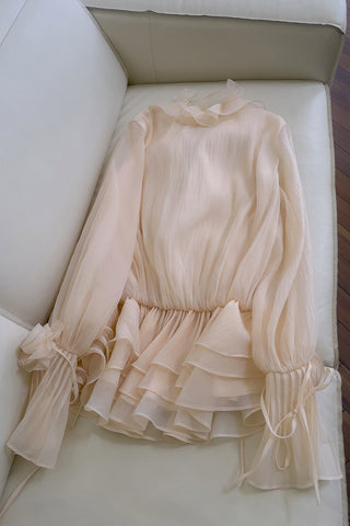 Rosette Ruffle Long Sleeve Layered Chiffon Mini Dress