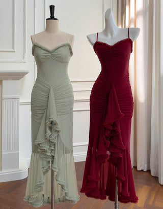 Elegant Sleeveless Long Mesh Dress with Ruffled Details