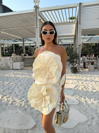 Luna Strapless Satin Flower Mini Dress