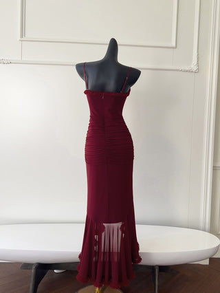 Elegant Sleeveless Long Mesh Dress with Ruffled Details