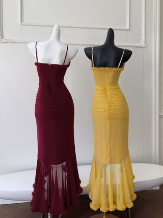 Elegant Sleeveless Long Mesh Dress with Ruffled Details