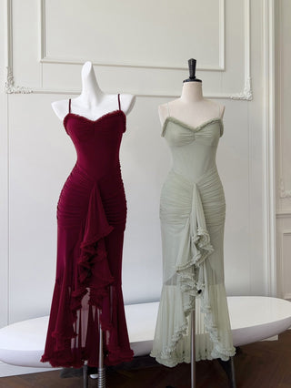 Elegant Sleeveless Long Mesh Dress with Ruffled Details