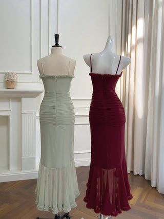 Elegant Sleeveless Long Mesh Dress with Ruffled Details