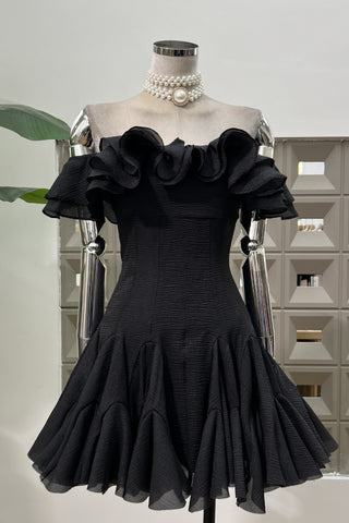 Off-Shoulder Mini Dress with Ruffle Trim and Flared Skirt