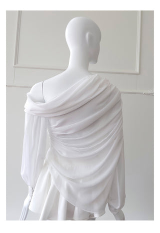 Elegant Long-Sleeve Oblique Shoulder Sheer Top and Skort Set