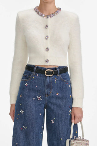 High-Waist Embellished Wide-Leg Denim Jeans with Crystal Floral Detailing