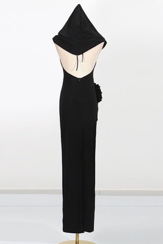 Long Sleeveless Halter Neck Dress with Rosette Detail in Stretch Fabric