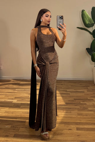 Coffee Metallic Halter Long Dress Backless Slim Fit with Waist Tie Detail