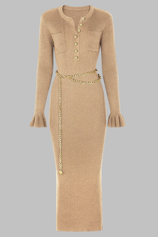 Metallic Ribbed Knit Long Sleeve Midi Dress with Gold Chain Belt