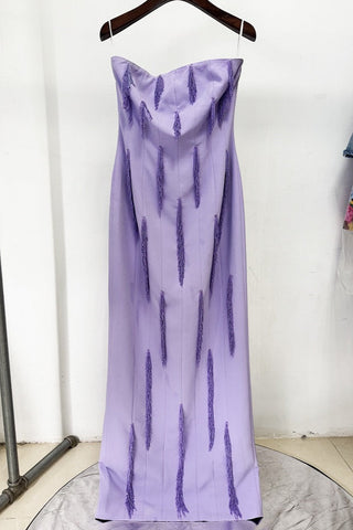 Strapless Lavender Beaded Long Crepe Dress with Fringe Embellishments