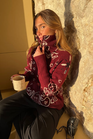 Fur Collar Zip-Up Knit Top – Long Sleeve Paisley Design