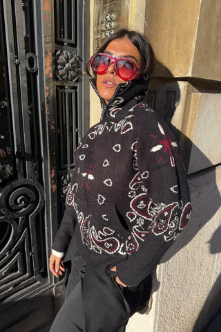 Fur Collar Zip-Up Knit Top – Long Sleeve Paisley Design