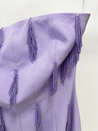 Strapless Lavender Beaded Long Crepe Dress with Fringe Embellishments