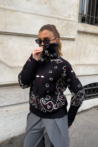 Fur Collar Zip-Up Knit Top – Long Sleeve Paisley Design