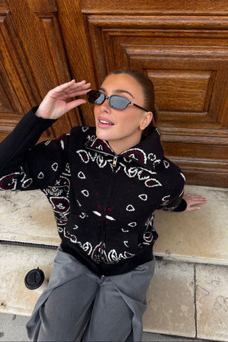 Fur Collar Zip-Up Knit Top – Long Sleeve Paisley Design