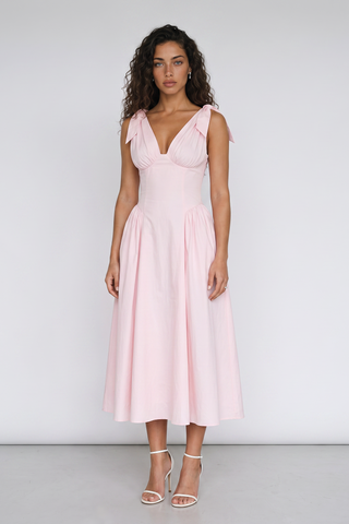 Tie-Shoulder V-Neck Open Back Flared Midi Dress